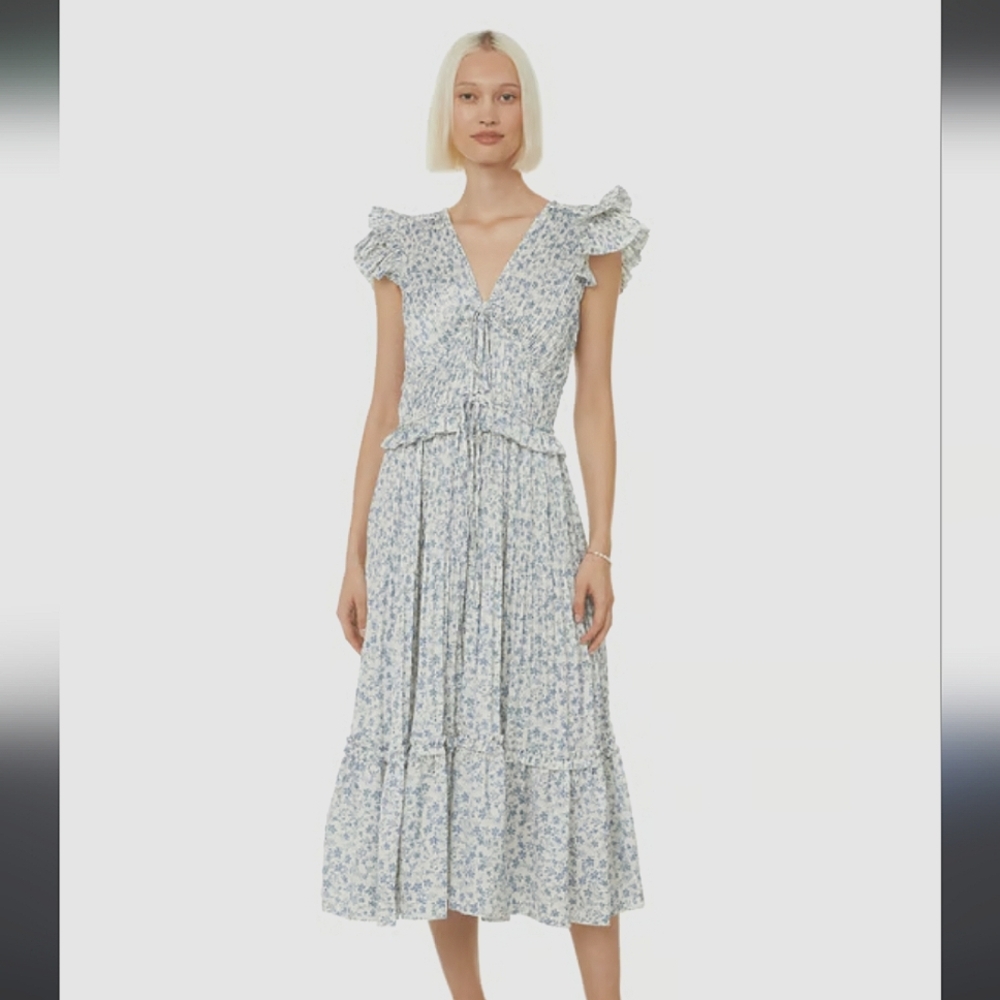 NWT Polo Ralph Lauren Floral Olea Satin Blue White Floral Pleated Midi Dress 8